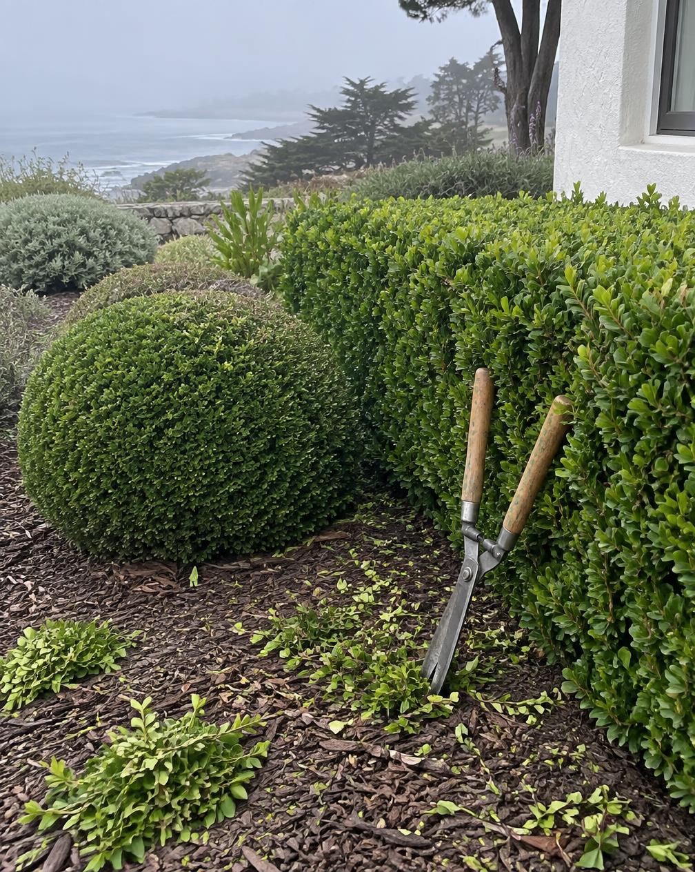 Freshly trimmed and shaped shrubs with clippings swept from the mulch